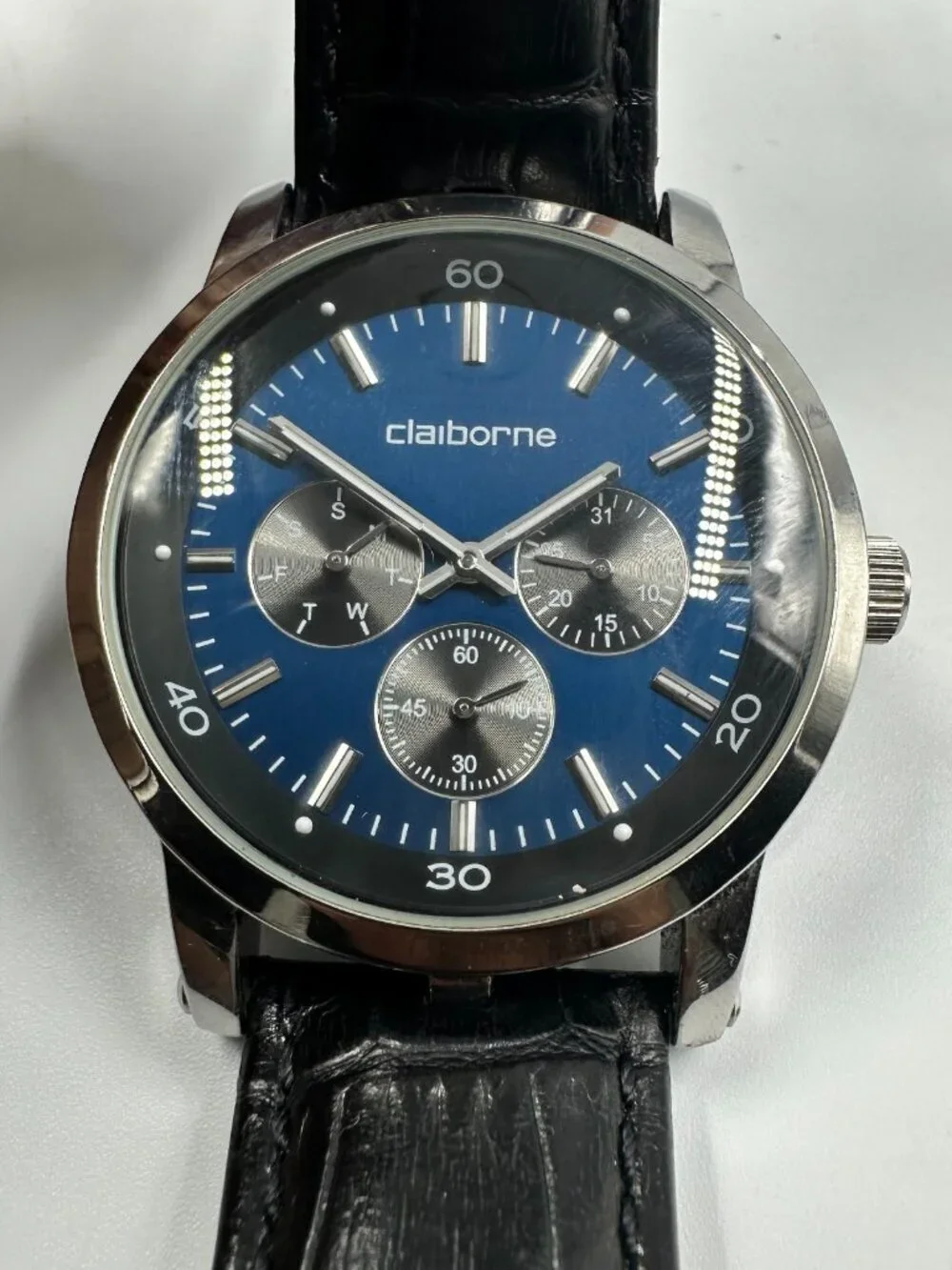 Claiborne Watch Men Silver Tone Blue Dial Leather Band New Battery 10 Inch